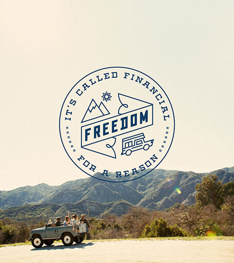 'It's called financial freedom for a reason' graphic over southwest scene with jeep